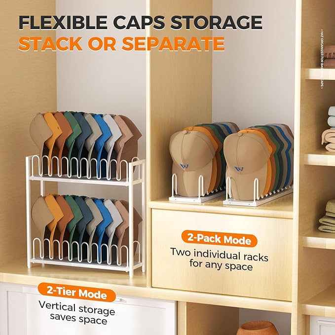Cinati 2-Tier Hat Organizer for Baseball Caps, 18 Capacity Freestanding Baseball Cap Rack, Metal & Wood Hat Storage for Closet Entryway Bedroom, Black Cap Holder Stand, Gifts for Men Dad