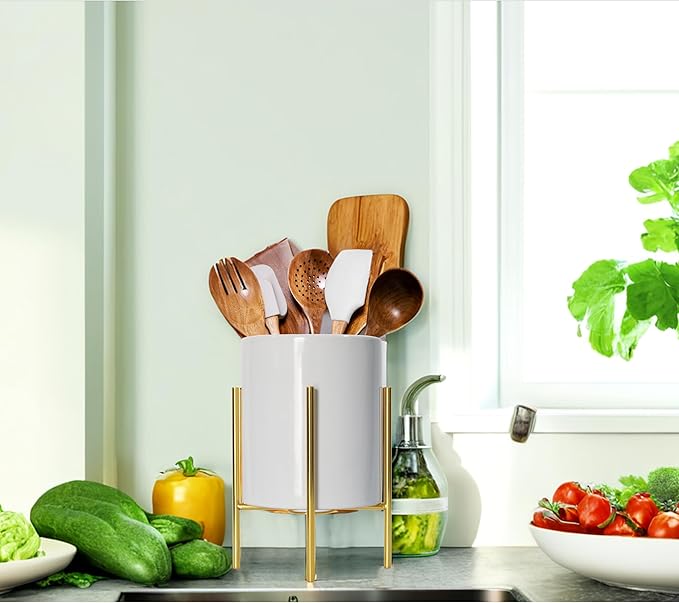 8.8" Black White Utensil Holder,Ceramic Kitchen Utensil Holder for Countertop, Large Cooking Utensil Crocks for Kitchen Counter, Morden Utensil Organizer for Spatula
