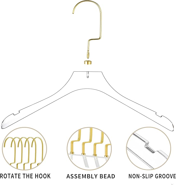 Besser Acrylic Clear Hangers 15 Pack,Acrylic Hanger Premium Quality Crystal Clear Hangers with Gold Hooks Luxury Dress Suit Hangers(Gold Hook)
