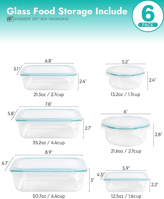 6-Pack Borosilicate Glass Food Storage Containers Set with Airtight Lids - Oven, Microwave & Freezer Safe, Leak-Proof, BPA-Free - Baking, Meal Prep & Gift Ready