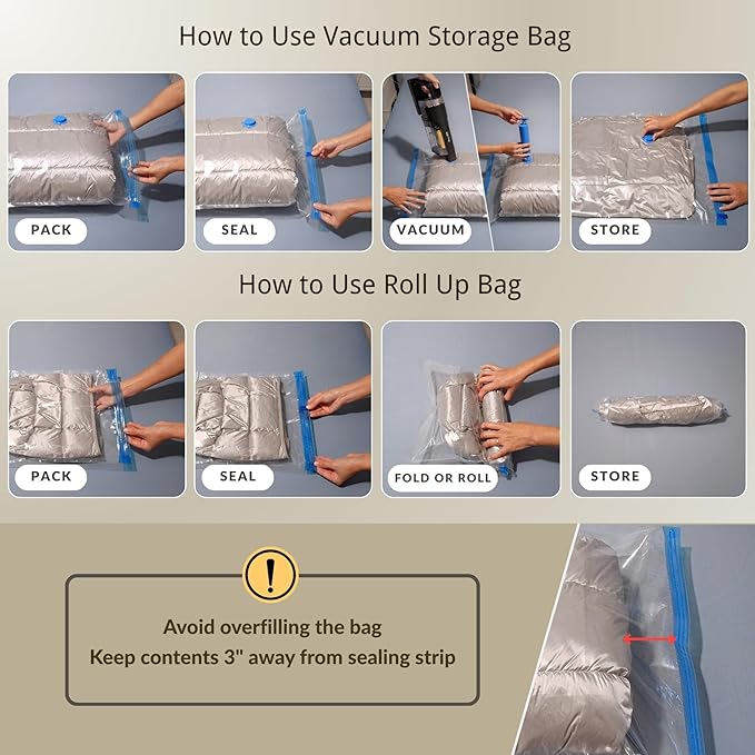 12 Pack Vacuum Storage Bags with Hand Pump, Compression Space Saver for Comforter, Bedding, Blanket Storage, Vacuum Seal Bags for Clothing, Travel Luggage Suitcase and Closet Organizer