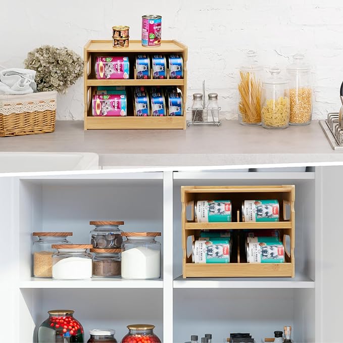 Bamboo Can Organizer for Pantry, 2 Tier Canned Cat Food Organizer for Kitchen Counter, Cat Food Storage Holds up to 36 Cans, Can Rack Organizer for Human and Pet Food Cans, FIFO Design