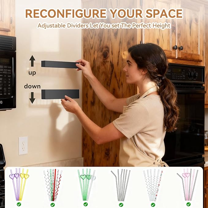 9.5 Inch Cabinet Door Acrylic Straw Holder with Double-Sided Tape, Kitchen Countertop Cabinet Storage Box Organizer for Straws (Black)