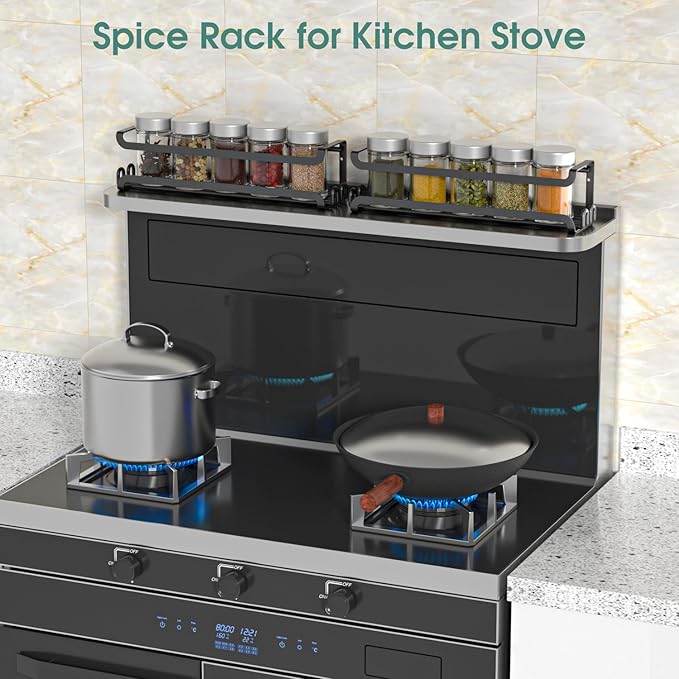 LUCYCAZ 2 Pack Wall Mounted Spice Rack with 8 Hooks, Spice Organizer Shelf for Stove Cabinet Pantry Door,Screw or Adhesive Spice Shelf Hanging Wall Spice Rack in Kitchen and RV (Black, 2 PACK)