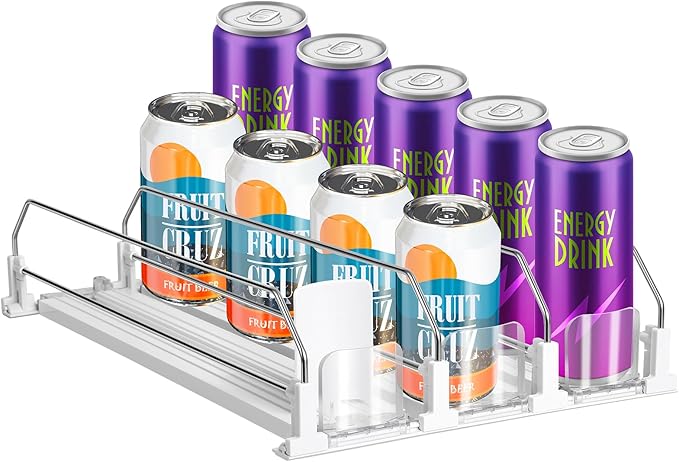 hanmir Drink Organizer for Fridge, Adjustable Width Soda Can Dispenser for Refrigerator Organizers and Storage, 3 Rows Beer Bottle Beverage Holder with Pusher Glide (14.96" D, White)