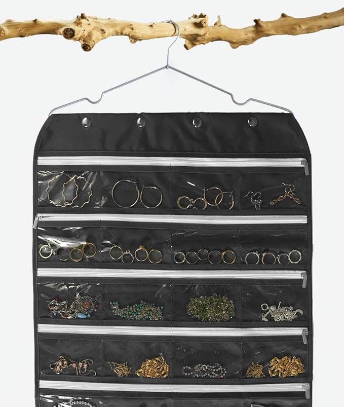 Hanging Jewelry Organizer with Zipper,Dual-Sided 56 Clear Pockets for Earrings Necklace Bracelet Ring Accessory Display (Grey)