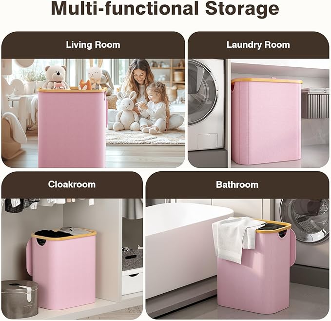 Hampers for Laundry Basket with Lid, 145L Extra Large 3 Section Clothes Divided Organizer for Bedroom, Laundry Room, Dirty Clothing Hamper, Pink