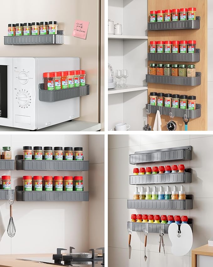 Nieifi Spice Rack Wall Mount, 4 Pack, Grey, 2 Inch Wide, Screw or Adhesive Installation, Spice Rack Organizer for Small Spice Jars, Suitable for Kitchen Cabinet or Pantry Door
