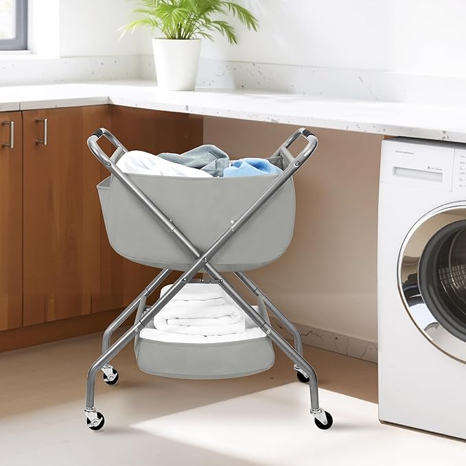 STORAGE MANIAC Collapsible Laundry Cart with Wheels 31.5"H Rolling Laundry Hamper Clothes Basket with Wheels, Canvas Liner Sturdy Steel Frame Folding for Small Narrow Space Easy Storage, Grey