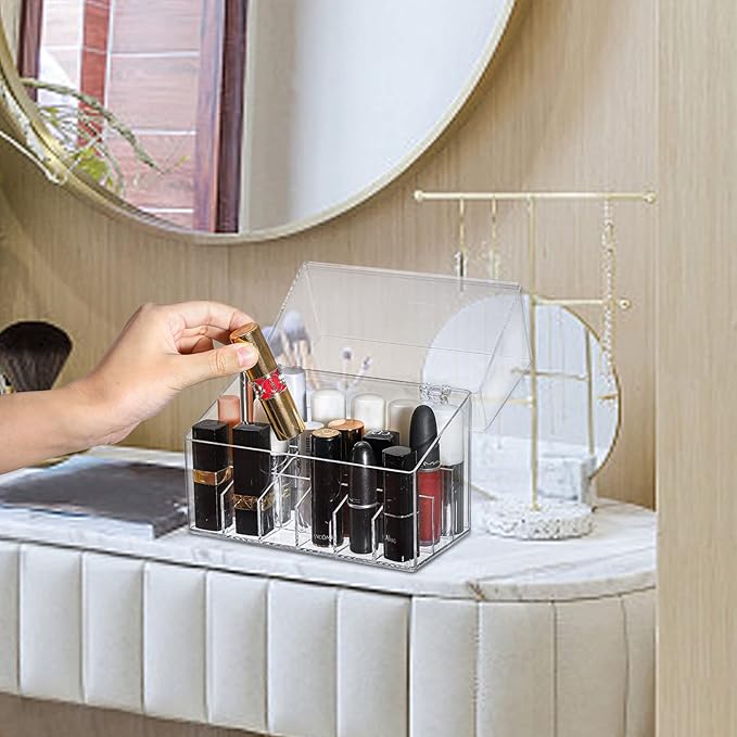 Foraineam 3 Pack Lipstick Holder Organizer with Lid, 18 Spaces Clear Acrylic Lipstick Display Stand Container, Dust-proof Beauty Makeup Storage Case for Cosmetic Dresser Vanity Cabinet Display