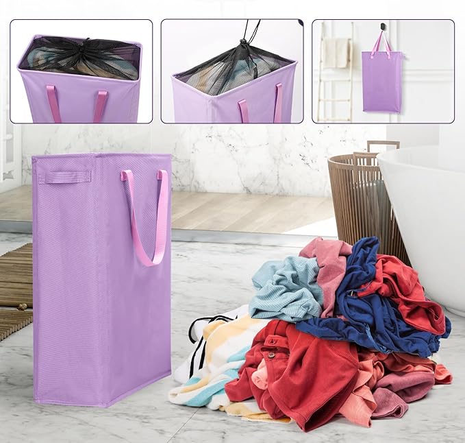 Odonata Slim Laundry Hamper Handles Collapsible Laundry Basket Thin Dirty Clothes Basket Narrow Laundry Bag Foldable Dirty Hamper 45L (Light Purple)