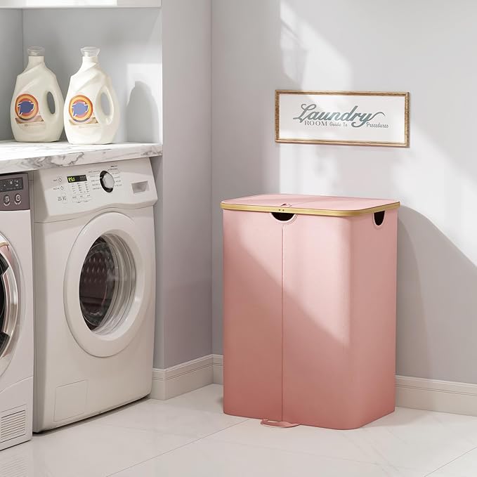 Lifewit 150L Double Laundry Hamper with Lid, Large Laundry Basket with Removable Bag & Bamboo Handles, Fodable Tall Dirty Clothes Hamper for Laundry Collapsible Bin for Bathroom Bedroom Dorm, Pink