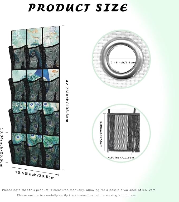 Over The Door Organizer Hanging, Behind The Door Storage, Closet Door Organizer with 12 Mesh Pockets for Bedroom,Peacock