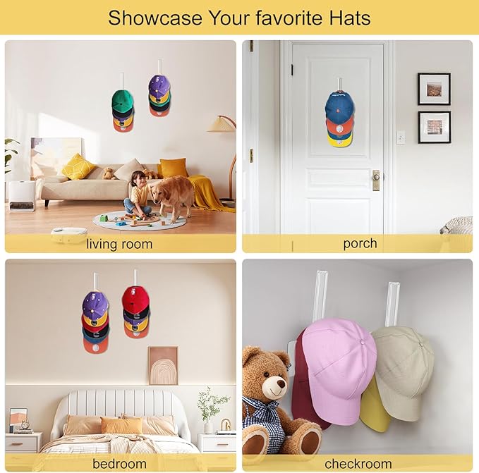 8 Pack Hat Rack for Baseball Cap, Adhesive Ball Caps Holder on Wall, No Drilling Hat Organizer Storage Wall Mount, Hat Hanger Display, Clear