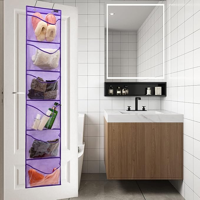 Extra Large Pockets Shoe Organizer for Closet Over The Narrow Door Hanging Shoe Holder Storage (6 Large Pockets-Purple)