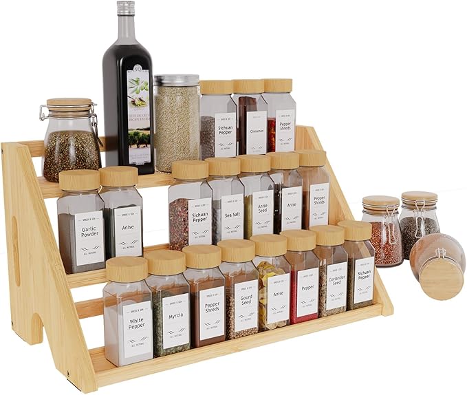 Bamboo Spice Rack Organizer -3-Tier Spice Rack for Countertop,Cabinet Spice Rack Organizer for 24 Spice Jars(4oz),Step Shelf (yellow)