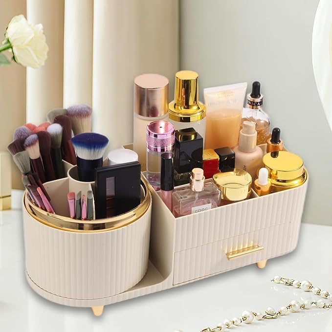 Makeup Organizer Countertop with Drawer 360 Rotating Brush Holder Storage Large Capacity Skincare Cosmetic Display Cases for Vanity Bathroom Desktop, Model 3016 Cream