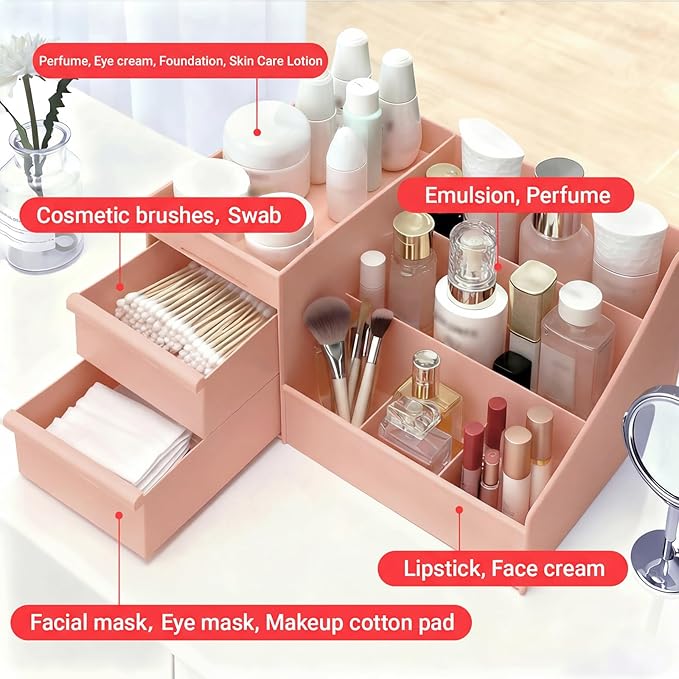 Makeup Organizer with Drawers, Cosmetic Organizer for Vanity Dresser Bathroom Countertop, Large CapacityOrganizer for Skincare, Lipstick, Palettes (Pink-1 Pack)