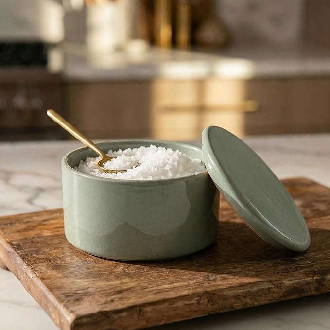 KIBAGA Beautiful Ceramic Salt Cellar with Lid - Spacious Container for Your Kitchen Countertop Keeps Salt Flakes Dry & Fresh - A Decorative Box/Holder For Any Kitchen