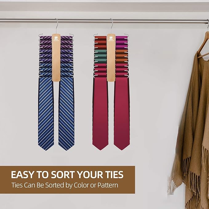 ZEDODIER 2 Pack Wooden Tie Rack, Tie Hanger for Men Closet, 40 Storage Capacity, Non-Slip Rotatable Tie Organizer, Hanging Space Saving Holder, Natural