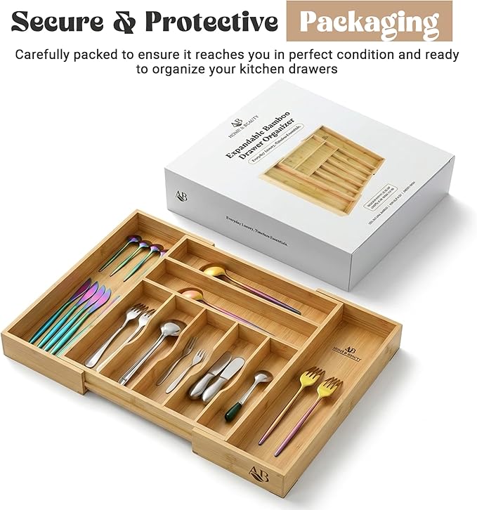 AB Home & Beauty Expandable Bamboo Drawer Organizer for Kitchen Utensils - Adjustable Silverware Organizer, Non-Slip Bamboo Cutlery Tray, Eco-Friendly Kitchen Drawer Storage