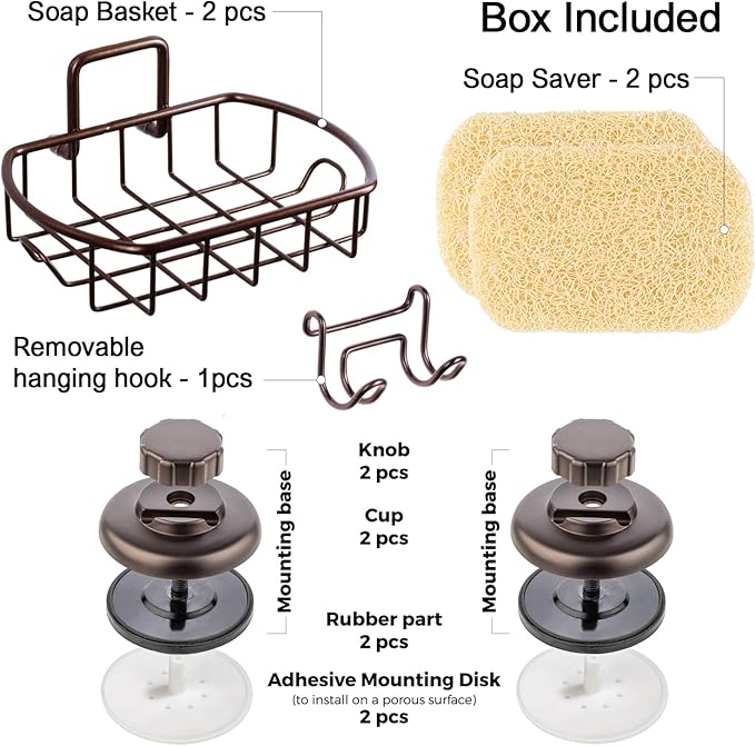 HASKO 2 Pack Suction Cup Soap Dish for Shower Wall, Rustproof Stainless Steel, Shower Soap Holder with Hooks, Includes Optional No Drill Adhesive Mount for Bathroom, 2 Soap Savers, Bronze