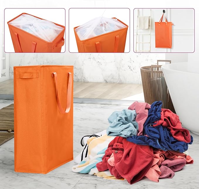 Odonata Slim Laundry Hamper Handles Collapsible Laundry Basket Thin Dirty Clothes Basket Narrow Laundry Bag Foldable Dirty Hamper 45L (Orange)