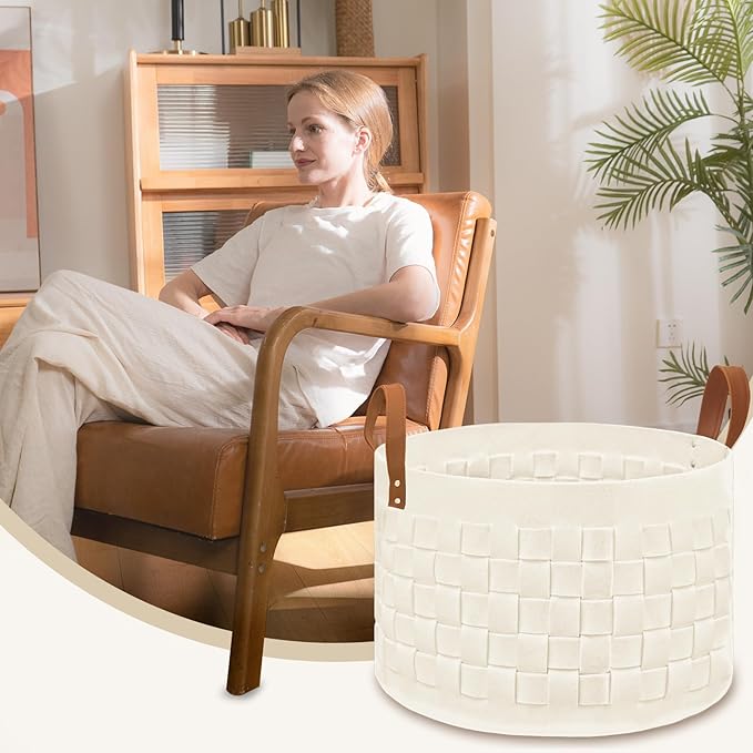 BOLDMONEKY Blankets Basket 20" x20 " x11.8 ", Large Round Laundry Hamper with Leather Handle, Soft Dog Toy Woven Basket for Storage-Beige