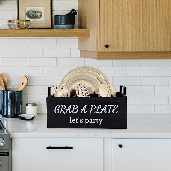 Paper Plate Holder, Utensil Caddy Organizer, Wood Paper Plate Dispenser, Silverware Caddy Holder, and Disposable Coffee Bar Accessories Box for Kitchen Counter, Party, Camping, Picnic (4 compartment)