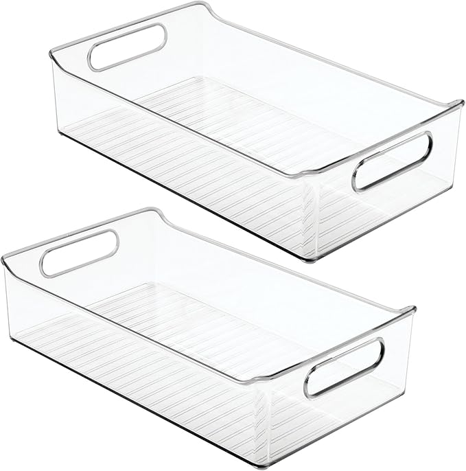 mDesign Plastic Kitchen or Pantry Storage Bins with Handles - Organization in Cabinet, Fridge or Freezer - Fruit Container for Refrigerator or Food Organizer for Pasta, Ligne Collection, 2 Pack, Clear