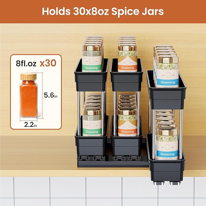Mystozer Pull Out Spice Rack Organizer for Cabinet, Slide Out Spice Racks Organizer, Easy to Install Spice Cabinet Organizers, 2.3''Wx10.66''Dx8.11''H, 3 Packs - 2 Tiers (Black)
