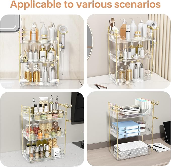 Bathroom Counter Organizer with Hair Dryer Holder and Toothbrush Holder, Acrylic Vanity Tray for Skincare, Perfume, Makeup Storage on Countertop & Dresser (Clear, 3-Tier)
