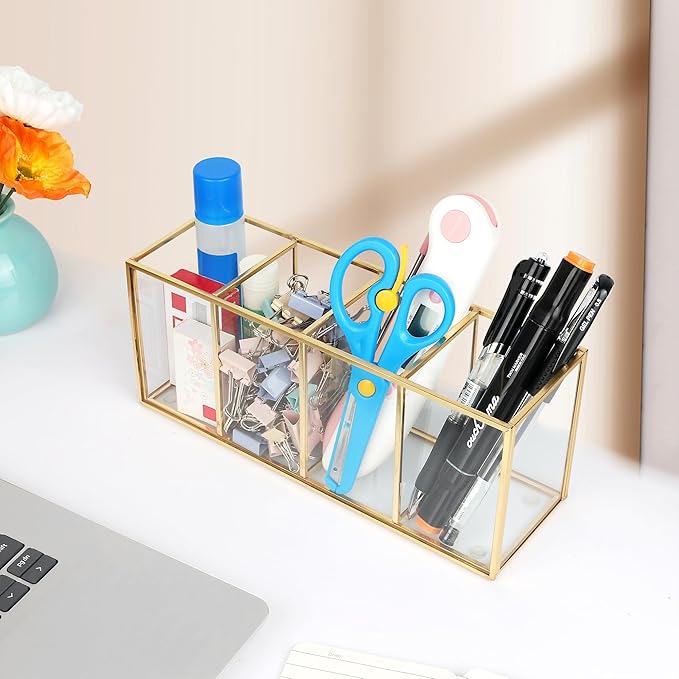 ELEGANTLIFE Clear Glass Makeup Brush Organizer,Luxurious Tempered Glass Cosmetics Brushes Storage Holder for Refined Bathroom Decor (Gold, 4 Sections)
