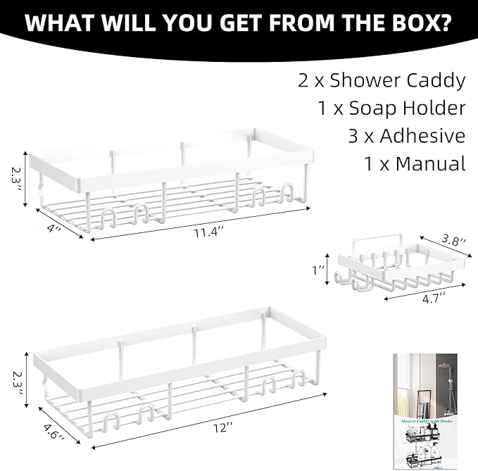 Moforoco 3-Pack Shower Caddy Basket Shelf with Soap Holder, No Drilling Traceless Adhesive Shower Wall Shelves, Rustproof White Bathroom Shower Storage Organizer