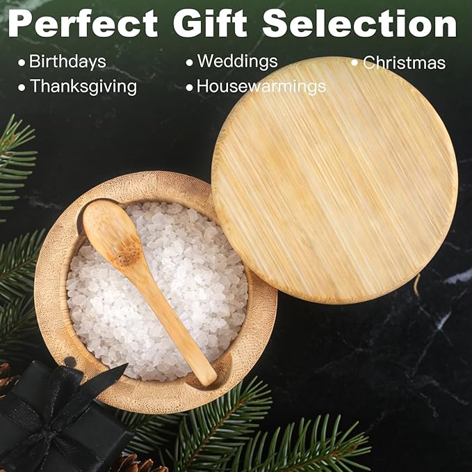 Ninsula Bamboo Salt Cellar, 360° Magnetic Swivel Lid Salt Container with Built-in Spoon for Storing Table Salt, Pepper, Sugar, Sea Salt, Spices, and Herbs
