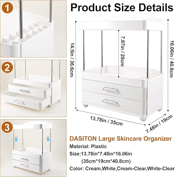DASITON 4 Tiers Makeup Organizer, 2 Drawers Large Cosmetic Organizers for Vanity Bathroom Countertop, Bathroom Organizers and Storage for Skincare, Cosmetic, Perfume, Dresser Organizer (White+White)