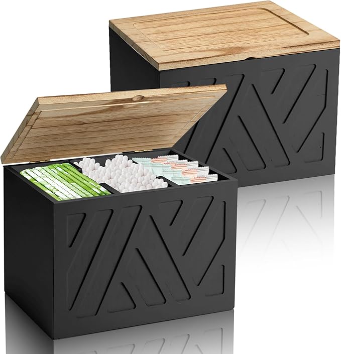2Pcs Tampon Holder for Bathroom Decor, Feminine Product Organizer, Shark Week Tampon Storage with Lid, Wood Pad Box for Toilet, Lady Girl Stuff Organizer Case Bathroom Accessories- Black
