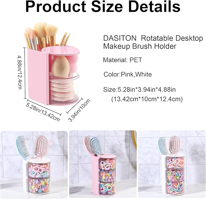 DASITON 2-Layer Makeup Brush Holder with Hair Accessories Organizer, Rotatable Desktop Organizer Case for Hair Clip, Makeup Sponge, Jewelry and Hair Accessories, Hair Brush Holder for Vanity (Pink)