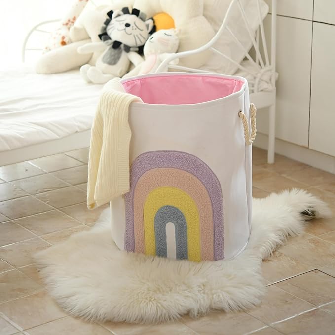 Pink Baby Hamper, XL Canvas 58L Laundry Basket with Drawstring Closure, Boho Rainbow Decor