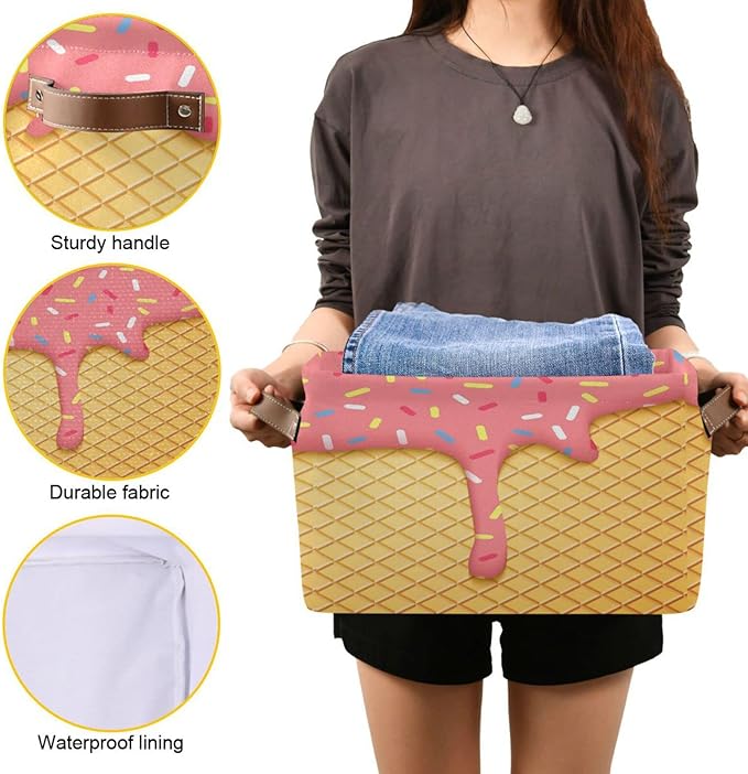 Kigai Ice Cream Cone Storage Basket Collapsible Rectangle Storage Bin Shelves Basket Organizer with Leather Handle for Closet, Office, Nursery, Home Decor