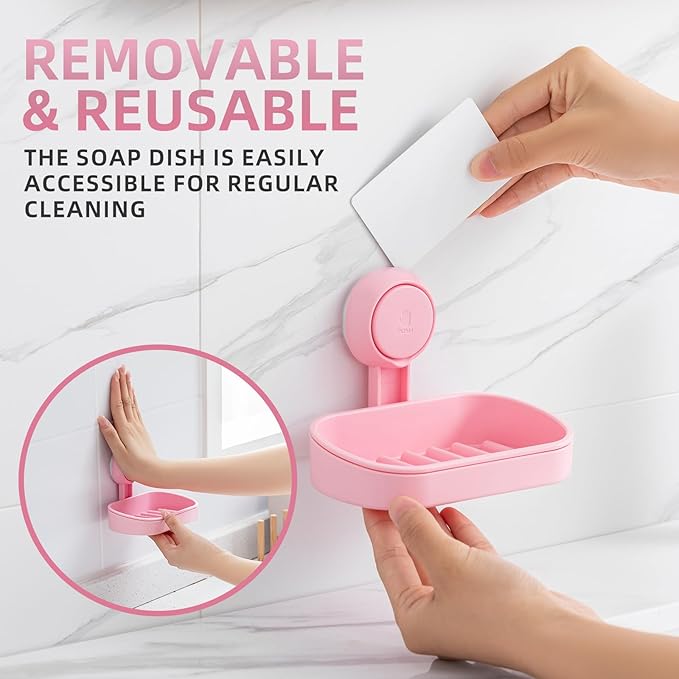 LEVERLOC Soap Dish Holder for Shower Suction Cup Wall Mounted Self Draining NO-Drilling Removable Bar Soap Sponge Holder for Bathroom Bathtub Kitchen Sink Waterproof Strong Vacuum Suction, Pink