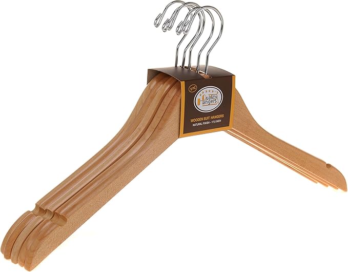 Quality Semi Curved Wooden Suit Hangers, 10-Pack Smooth Finish Solid Wood Coat Hanger with Swivel Hook, Jacket, Pant, Dress Clothes Hangers (Natural, 10)