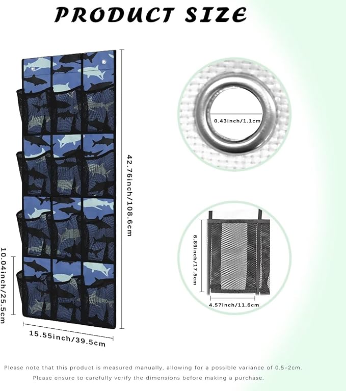 Blue Door Hanger Organizer Mesh Fabric 12 Pockets Over The Door Shoe Organizer for Camping Sharks Wall Hanging Storage Easy to Install Shoe Holder Hanger