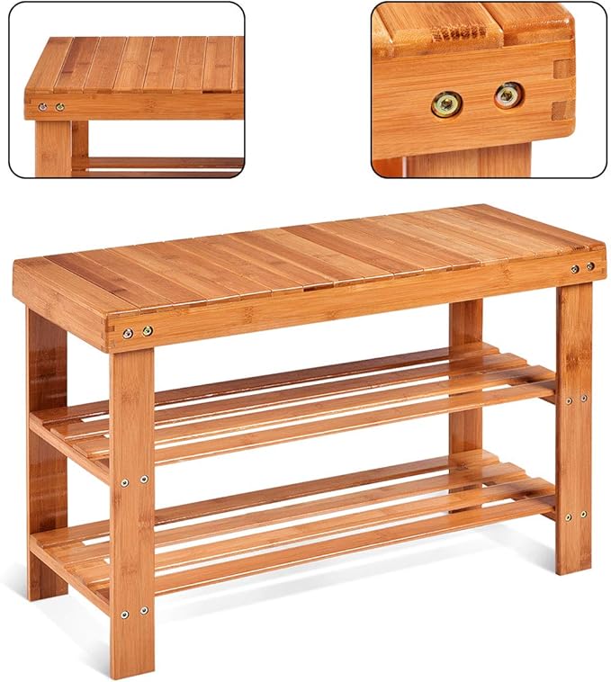 GOFLAME Shoe Bench Rack, 2-Tier Bamboo Seat Storage Shelf, Free Standing Shoe Storage Bench with Stylish and Modern Design, Shoe Organizer for Décor Entryway, Hallway, Living Room, Bathroom (Natural)