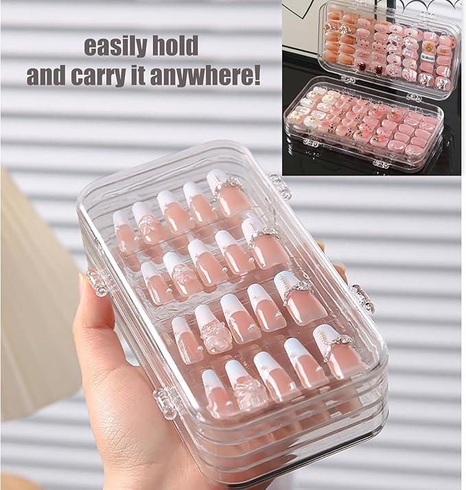 Tri-Fold Press On Nail Organizer Case - 4-Page Portable Storage Box for Fake Nails, Clear PET Plastic Travel Holder (6×3.2×1.8 inch)
