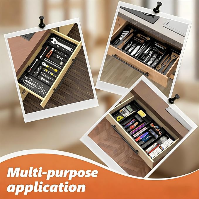 Utensil Organizer for Kitchen Drawer, Expandable Cooking Silverware Tray,Large Silverware Drawer Organizer,Plastic Spatula Tools Storage Divider, 21.6-38", Black