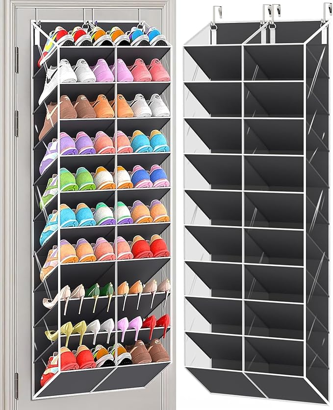 TAKE FIRE Over the Door Shoe Organizer: 10-Tier Clear Pocket Storage for Sneakers, Boots & Heels (20-30 Pairs, Black)