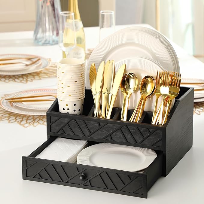 Marsui Paper Plate Dispenser, Wood Rustic Paper Plate Holder for Countertop with Drawer Silverware Utensil Caddy, Cutlery Flatware Organizer for Spoon Fork Napkins Kitchen Parties(Black)