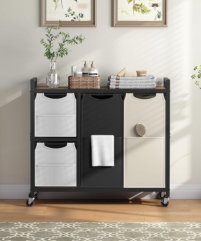 HOOBRO Laundry Sorter with 4 Section, 39 Gal. (147 L) Laundry Hamper with Wheels, Rolling Laundry Basket with Shelf, Pull-Out Detachable Bags, Side Pockets, Rustic Brown, Black and Beige BFE14XY01N1