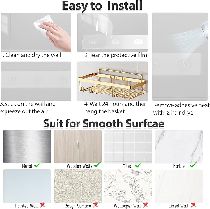 Liuoud 5 Pack Shower Caddy Organizer Rack Shelf for Inside Shower, Self Adhesive Wall Storage Basket Rustproof Stainless Steel Shampoo Holder Bathroom Accessory Decor Set, Gold